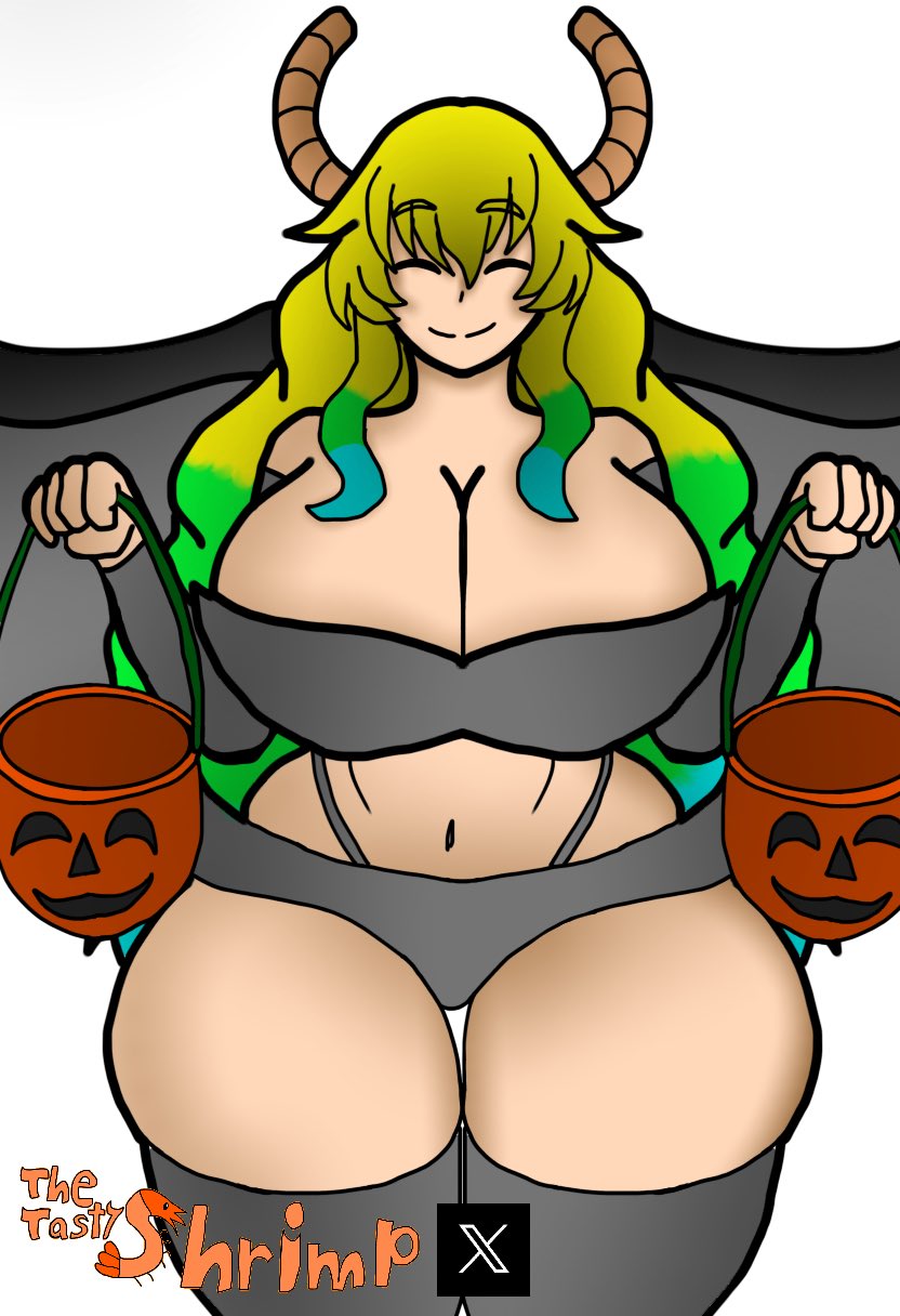 big breasts, breasts, closed eyes, dragon, female, female only, gargoyle, gargoyle costume, halloween costume, huge breasts, lucoa, lucoa (maidragon), miss kobayashi's dragon maid, multicolored hair, quetzalcoatl (dragon maid), skimpy, skimpy clothes, smile, smiling, smiling at viewer, thetastyshrimp, thong