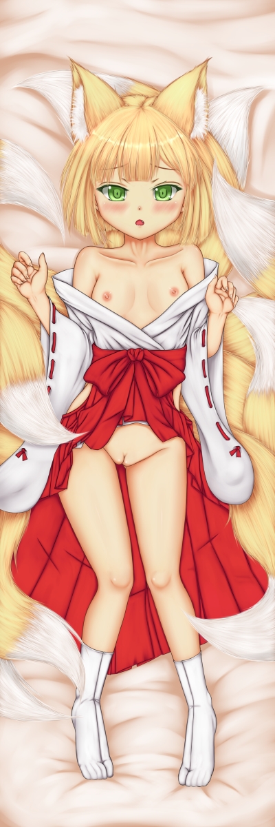 animal_ears beige_skin blonde_fur blonde_hair blush clothes color copyright_request female female_only footwear fox_ears fox_tail front_view fur furry_ears furry_tail green_eyes hair hakama highres japanese_clothes kemonomimi lying miko multiple_tails nipples on_back open_clothes open_eyes open_mouth pointy_ears pussy short_hair skirt skirt_lift small_breasts socks solo tabi tail tenyoshi_(briansept) uncensored vulva white_fur