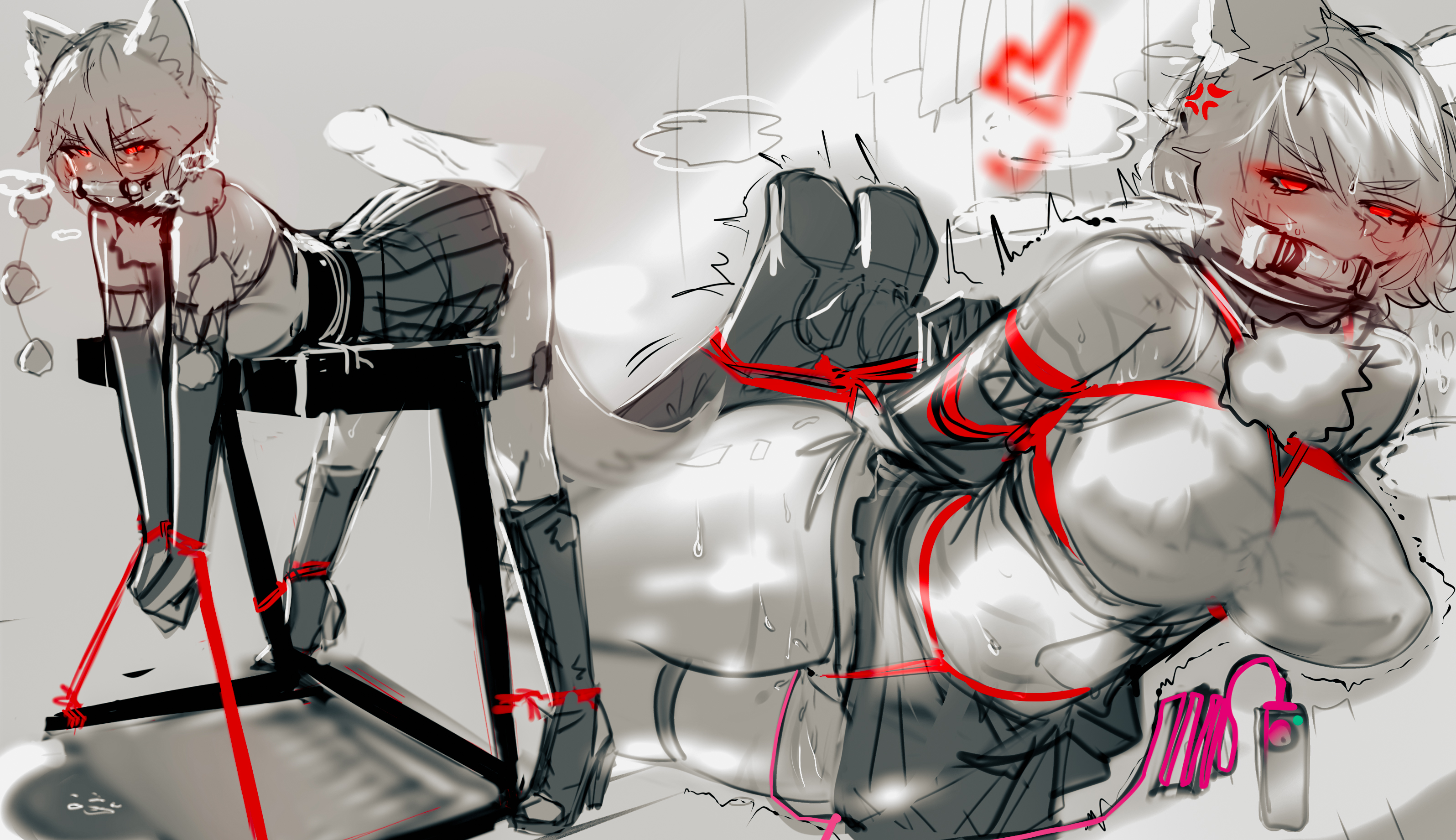 1girls, annoyed, bent over, bit gag, bondage, cock on butt, disembodied penis, drool, drooling, ehrrr, female, gag, gagged female, heel boots, heels, high heels, hogtie, male, momiji inubashiri, penis, red eyes, restrained, rope bondage, shibari over clothes, skirt, sweat, touhou, vibrator, wolf ears, wolf tail, wrists tied