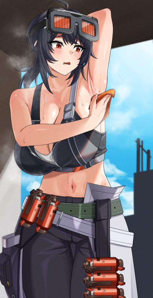 armpits bare_shoulders blue_sky breasts cleavage cloud collarbone commentary_request cowboy_shot day female grace_howard hair_between_eyes large_breasts midriff navel open_mouth p-tree paid_reward_available sidelocks sky solo standing sweat wiping_sweat zenless_zone_zero