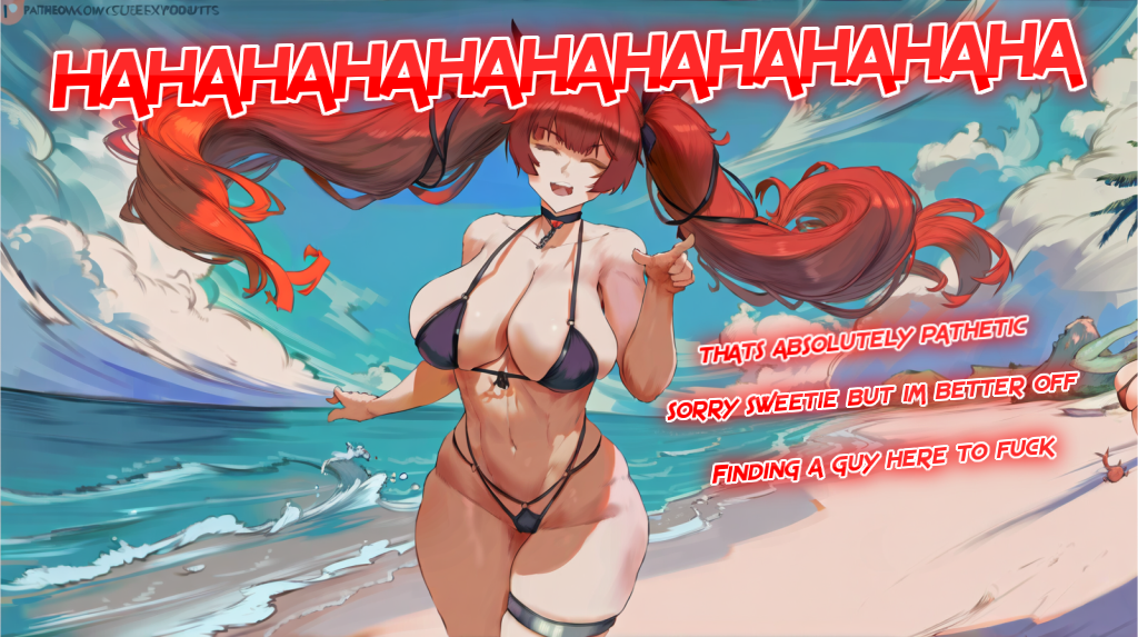 ai_generated azur_lane bathing_suit beach big_breasts caption cleavage cuckold cuckold_pov cutesexyrobutts_(style) gorilla4sale_(artist) gorilla4sale_artist) honolulu_(azur_lane) laugh laughing ntr patreon pointing red_hair small_penis small_penis_humiliation swimsuit wide_hips