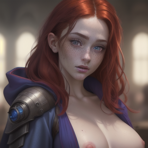 ai_generated book bookshelf breasts_out fantasy female female_focus female_only freckles freckles_on_face ginny_weasley harry_potter looking_at_viewer mage magic magic_user medium_breasts nipples red_hair solo solo_female spellbook studying wand wizard