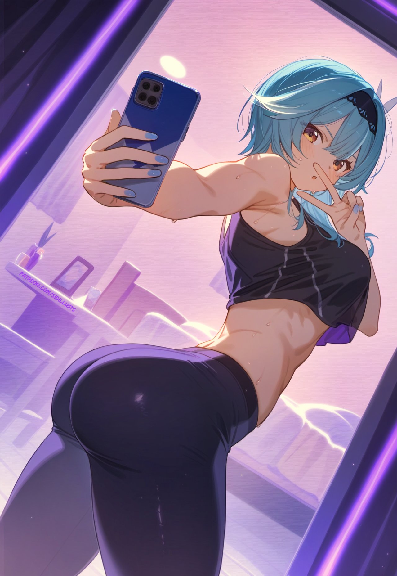 1girls, ai generated, ass, ass focus, bubble ass, bubble butt, eula (genshin impact), female, female only, fit, fit female, genshin impact, gym, gym uniform, peace sign, perky, selfie, showing ass, showing off, sports bra, sweat, taking picture, working out, workout, workout clothes, xiaomi14t pro, yoga pants