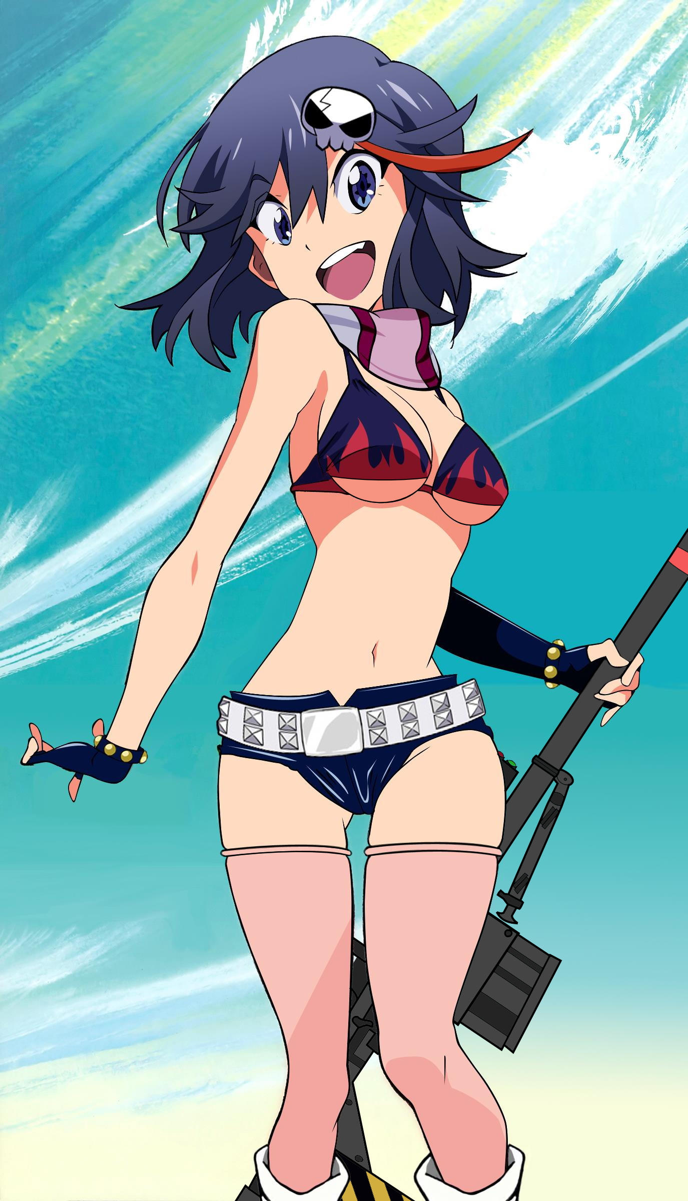 :o, 1girls, anti-materiel rifle, bare shoulders, belt, bikini, bikini top, black hair, blue eyes, blue hair, blush, bra, bracelet, breasts, buruma, cleavage, cosplay, creator connection, crossover, edit, elbow gloves, female, fingerless gloves, gloves, gun, hair ornament, happy, hi res, high res, high resolution, highres, hourglass figure, jewelry, kill la kill, matoi ryuuko, multicolored hair, navel, open mouth, pink legwear, red hair, rifle, scarf, short hair, short shorts, shorts, skull hair ornament, sky, smile, sniper rifle, solo, stockings, swimsuit, tengen toppa gurren lagann, thighhighs, two-tone hair, weapon, yoko littner, yoko littner (cosplay)