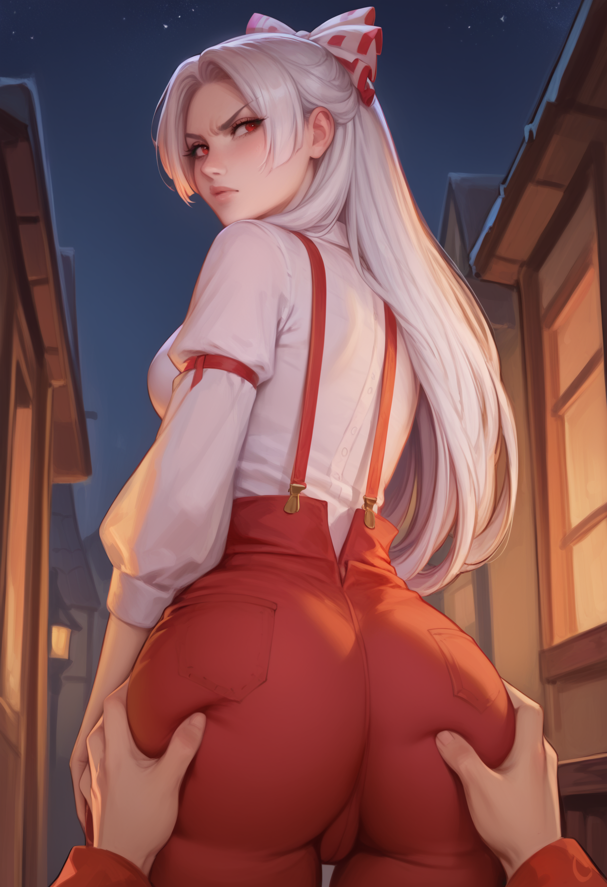 1boy, 1girls, ai generated, anaslex, angry, ass, ass grab, bow, butt grab, female, from behind, from below, fujiwara no mokou, hi res, light skin, light-skinned female, long hair, looking back, male, pale skin, pale-skinned female, pov, shirt, suspenders, tight clothes, touhou, white hair