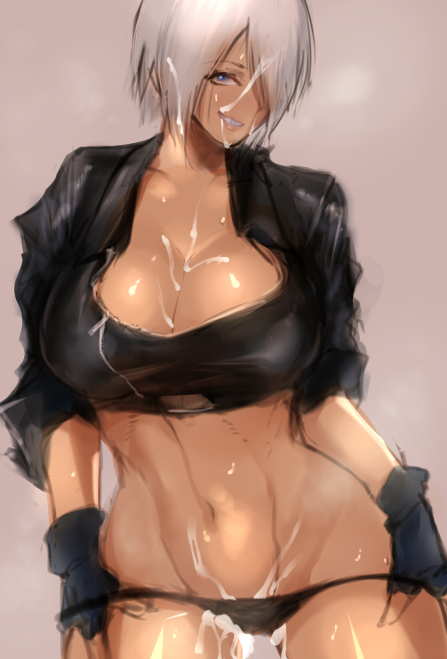 after_sex angel_(kof) black_panties blue_eyes breasts cleavage cropped_jacket cum cum_in_panties female female_only fingerless_gloves gloves grin hair_over_one_eye huge_breasts human king_of_fighters midriff navel negresco overflow panties panty_pull short_hair silver_hair smile solo toned underwear