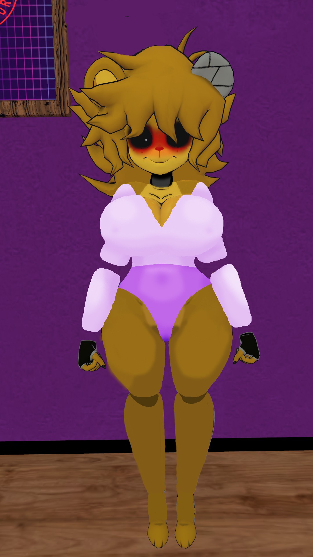 cally3d cosplay cryptiacurves embarrassed female five_nights_at_freddy's fredina's_nightclub golden_freddy_(fnaf) golden_fredina_(cally3d) gymnastics pose type_0