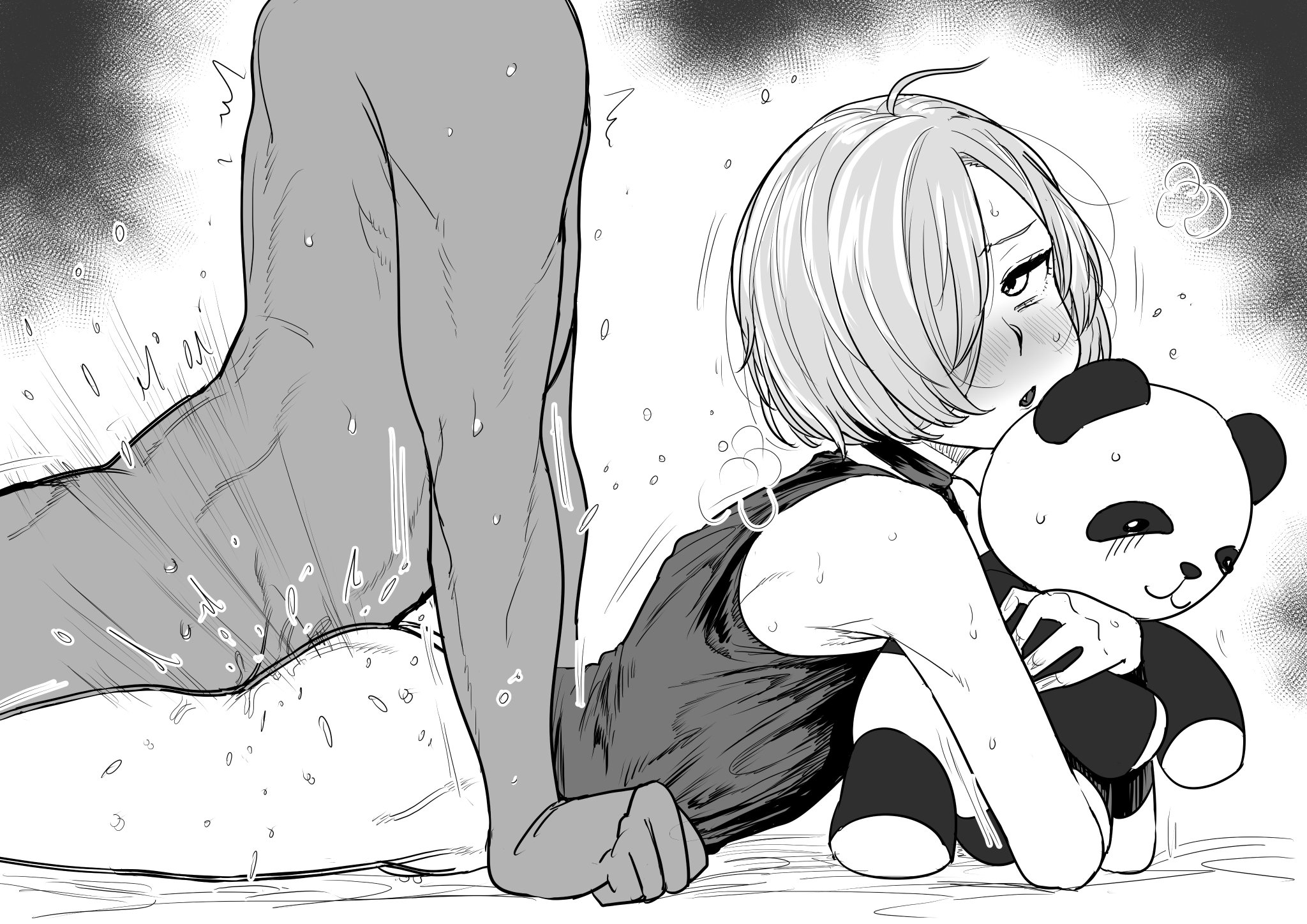 2boys, ahoge, anal, anal insertion, anal sex, anus, black and white, blush, blush lines, clothing, fangs, femboy, from behind, gay, gay anal, gay sex, genitals, kaiman garupan, looking back, male, male focus, male only, male/male, monochrome, nijisanji, oerba yun fang, open mouth, penetration, penile, penile penetration, penis, plushie, prone bone, ryushen, ryuushen, short hair, sweat, sweatdrop, trap, virtual youtuber, vtuber, yaoi