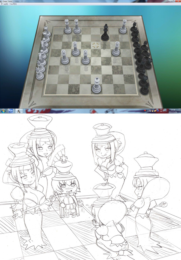 1boy 5girls bad_end breasts chess chess_piece chessboard huge_breasts king_(chess) large_breasts monochrome partially_colored queen_(chess) screencap sketch staff surrounded windows windows_7