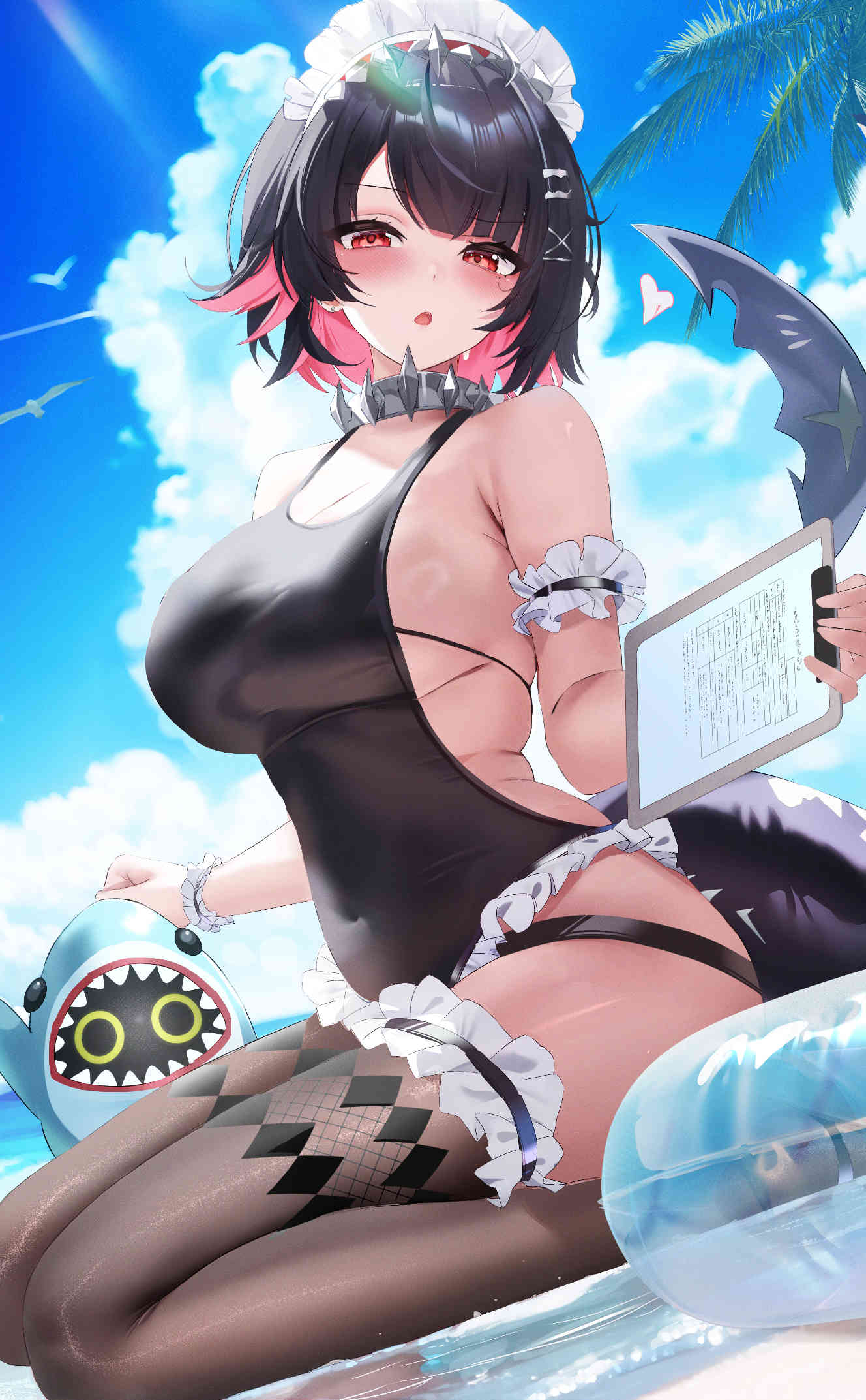 :o alternate_costume arm_strap bare_shoulders black_hair black_one-piece_swimsuit black_thighhighs blush breasts clipboard cloud covered_navel cumulonimbus_cloud day ellen_joe fantongjun female fins fish_tail hair_ornament hairclip highres holding holding_clipboard innertube kneeling large_breasts looking_at_viewer maid_headdress multicolored_hair one-piece_swimsuit open_mouth outdoors pink_hair red_eyes shark_tail solo swim_ring swimsuit tail thighhighs thighs two-tone_hair zenless_zone_zero