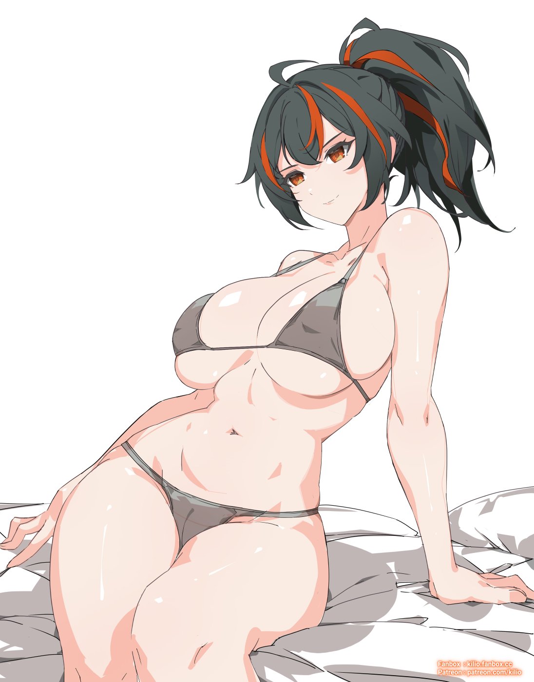 artist_name bare_shoulders bra commentary female grey_bra grey_hair highres kili_kilio multicolored_hair navel orange_eyes ponytail red_hair simple_background smile solo stomach streaked_hair thighs twitter_username underwear white_background zenless_zone_zero zhu_yuan