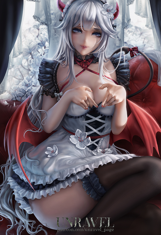 1girls ai_generated blush breasts demon_girl demon_horns demon_tail demon_wings female female_only flower flower_in_hair hips indie_virtual_youtuber indoors light-skinned_female light_skin long_hair looking_at_viewer maid maid_headdress maid_outfit maid_uniform pointy_ears sitting smile smiling smiling_at_viewer tagme thighhighs thighs unravel-art veibae virtual_youtuber white_hair