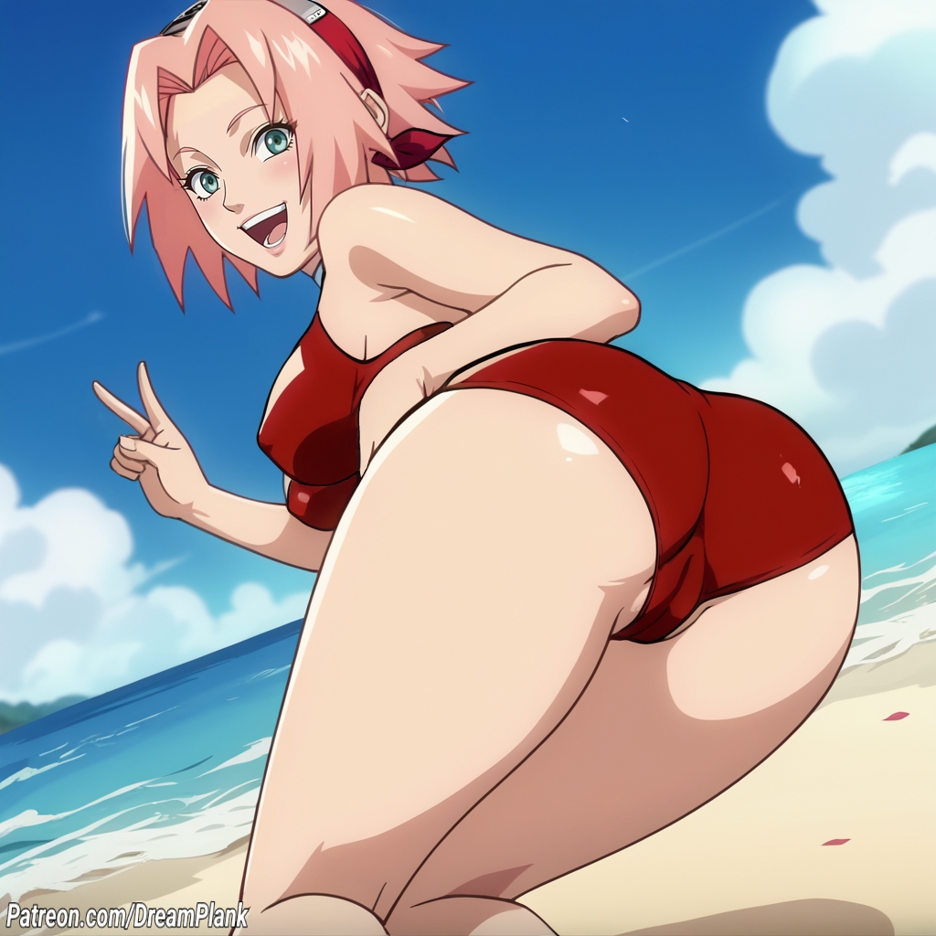 1girls ai_generated beach bikini cameltoe dreamplank female female_only green_eyes happy naruto peace_sign pink_hair sakura_haruno solo thick thick_ass