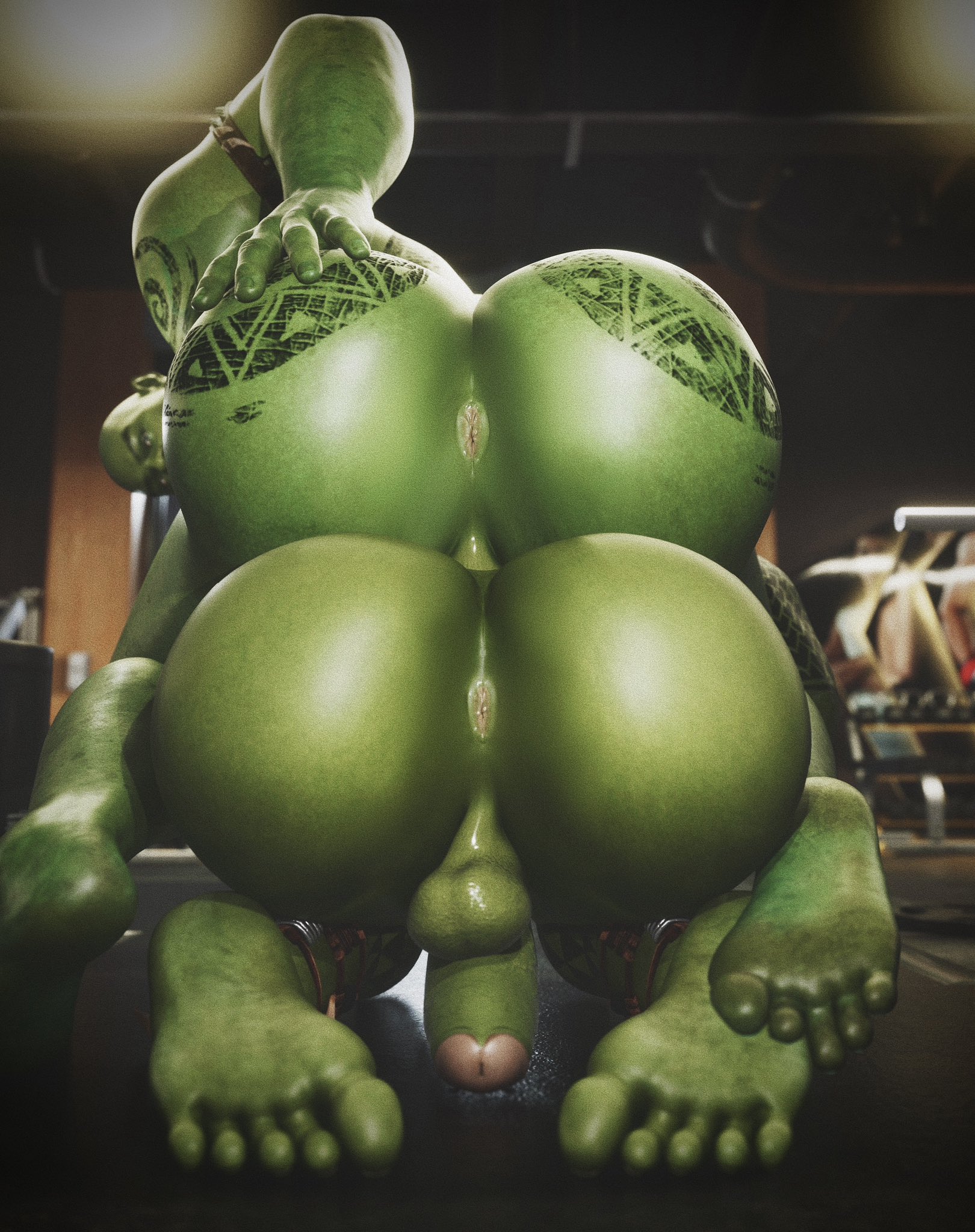 2boys, anus, ass, ass focus, backsack, bald, balls, ballsack, bara, big ass, big butt, bubble ass, bubble butt, butt focus, dace renders, feet, gay, grabbing, grabbing ass, grabbing own ass, green body, green skin, hand on ass, looking at viewer, looking back, looking back at viewer, male, male only, muscular, muscular male, orc, penis, rear view, take your pick, tattoo, tattoos, yaoi