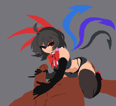 1boy black_hair black_skirt bow bowtie erection female houjuu_nue lowres namako_daibakuhatsu nue_houjuu penis red_eyes revealing_clothes skirt smile takorin teasing thighhighs touhou wings