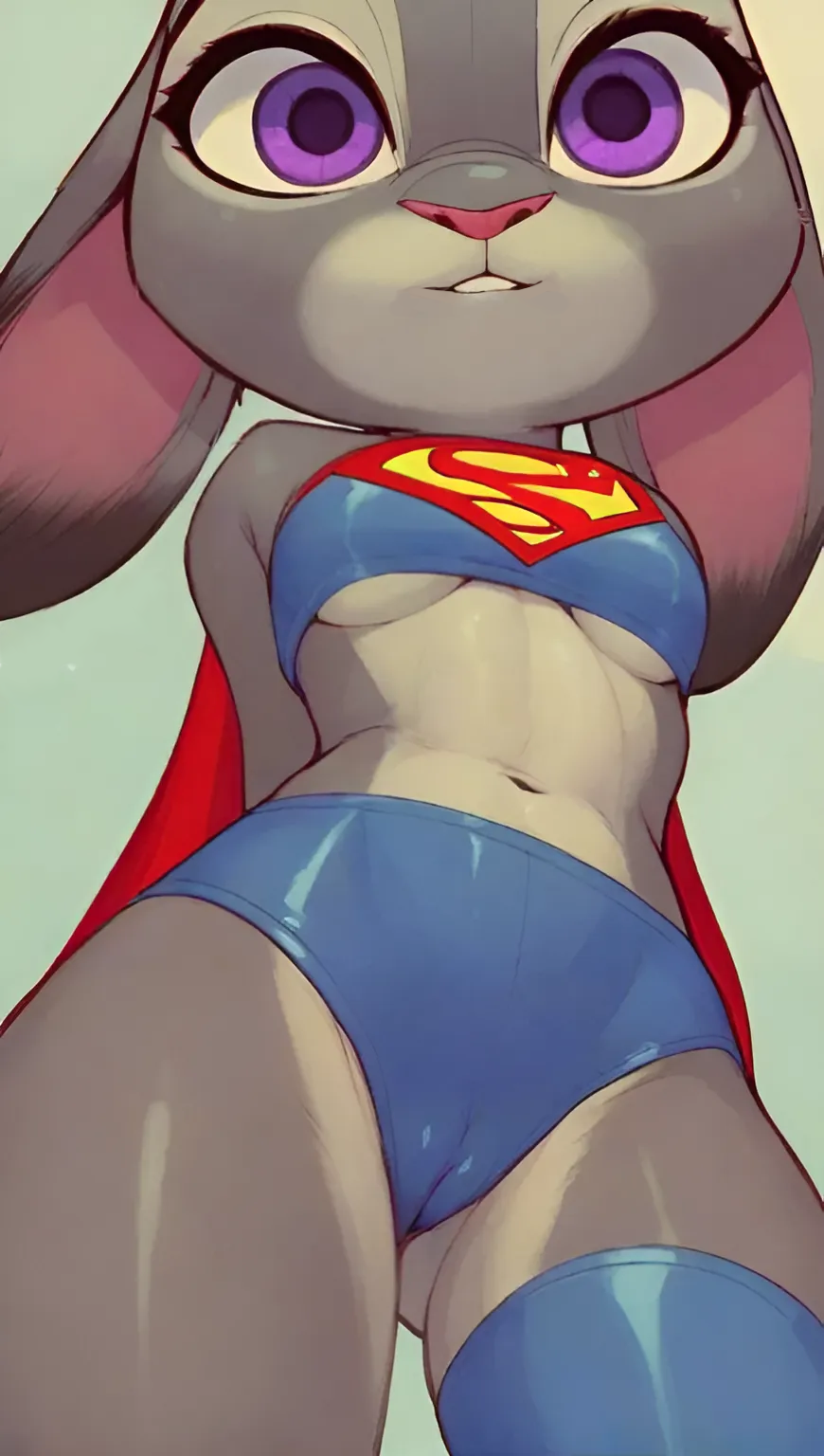 1girls ai_generated alternate_costume anthro arms_behind_back bare_midriff cameltoe cape cosplay dc dc_comics disney female female_only furry judy_hopps rabbit rabbit_humanoid scalieton self_upload simple_background superman superman_(cosplay) superman_(series) tight_clothing underboob zootopia