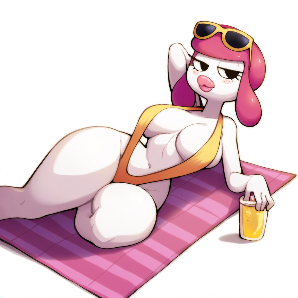 1girls ai_generated arm_behind_head beach_towel big_lips bikini blush breasts busty cold_shrike drink eyelashes eyes_half_open female female_only game_freak humanoid looking_at_viewer lying medicham novelai pink_hair pink_lips pokemon pokemon_(species) pose posing seductive self_upload sling_bikini slingshot_swimsuit solo sunglasses sunglasses_on_head swimsuit thick_thighs thighs white_background white_body white_skin yellow_bikini