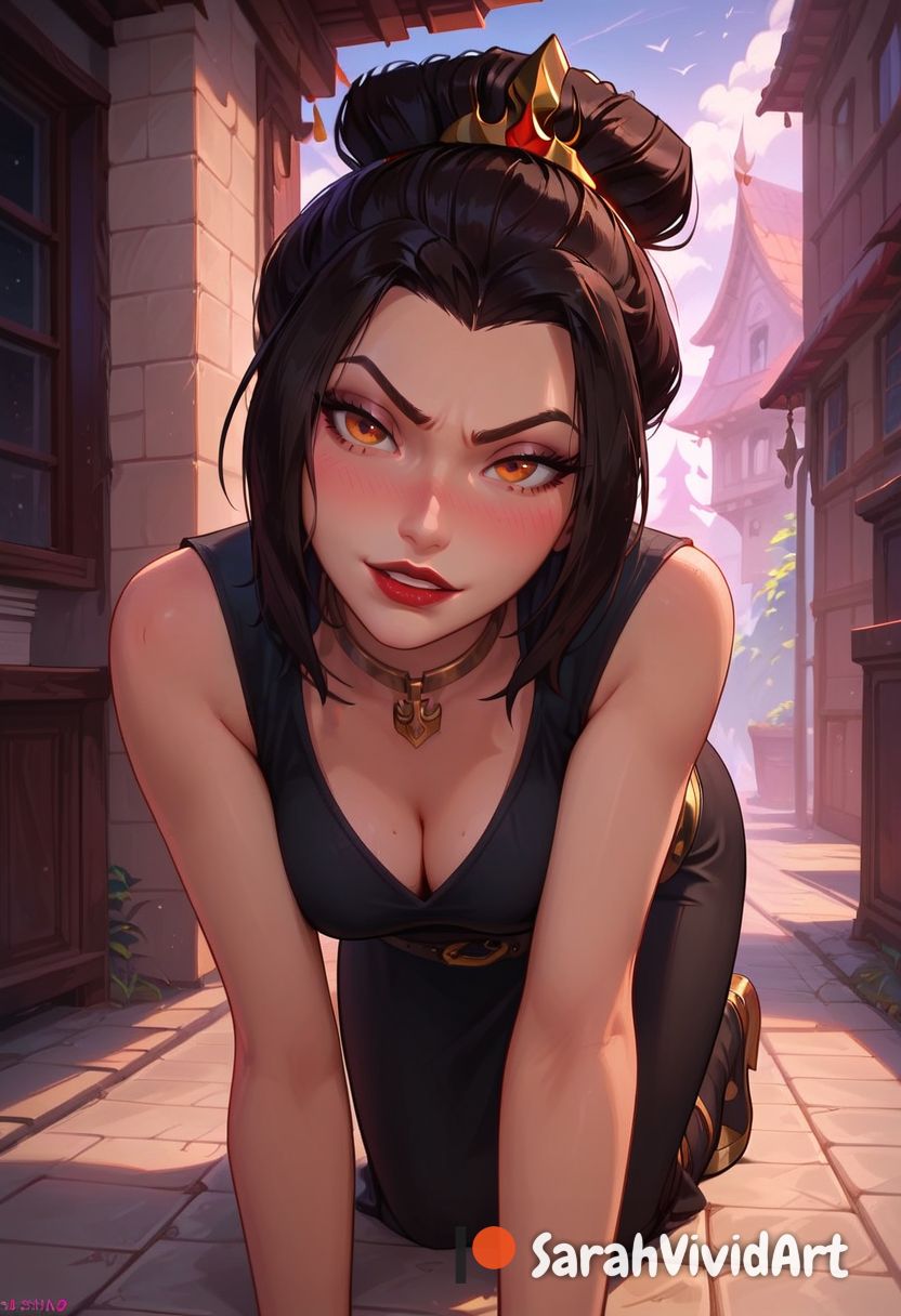 1girls, ai generated, all fours, avatar legends, avatar the last airbender, azula, black hair, blush, breasts, cleavage, clothed, dark hair, female, female focus, hair bun, hair up, looking at viewer, medium breasts, mommy, nickelodeon, outdoors, outside, sarahvividart, seducing, seductive, seductive eyes, seductive look, seductive smile, shiny skin, solo, solo focus