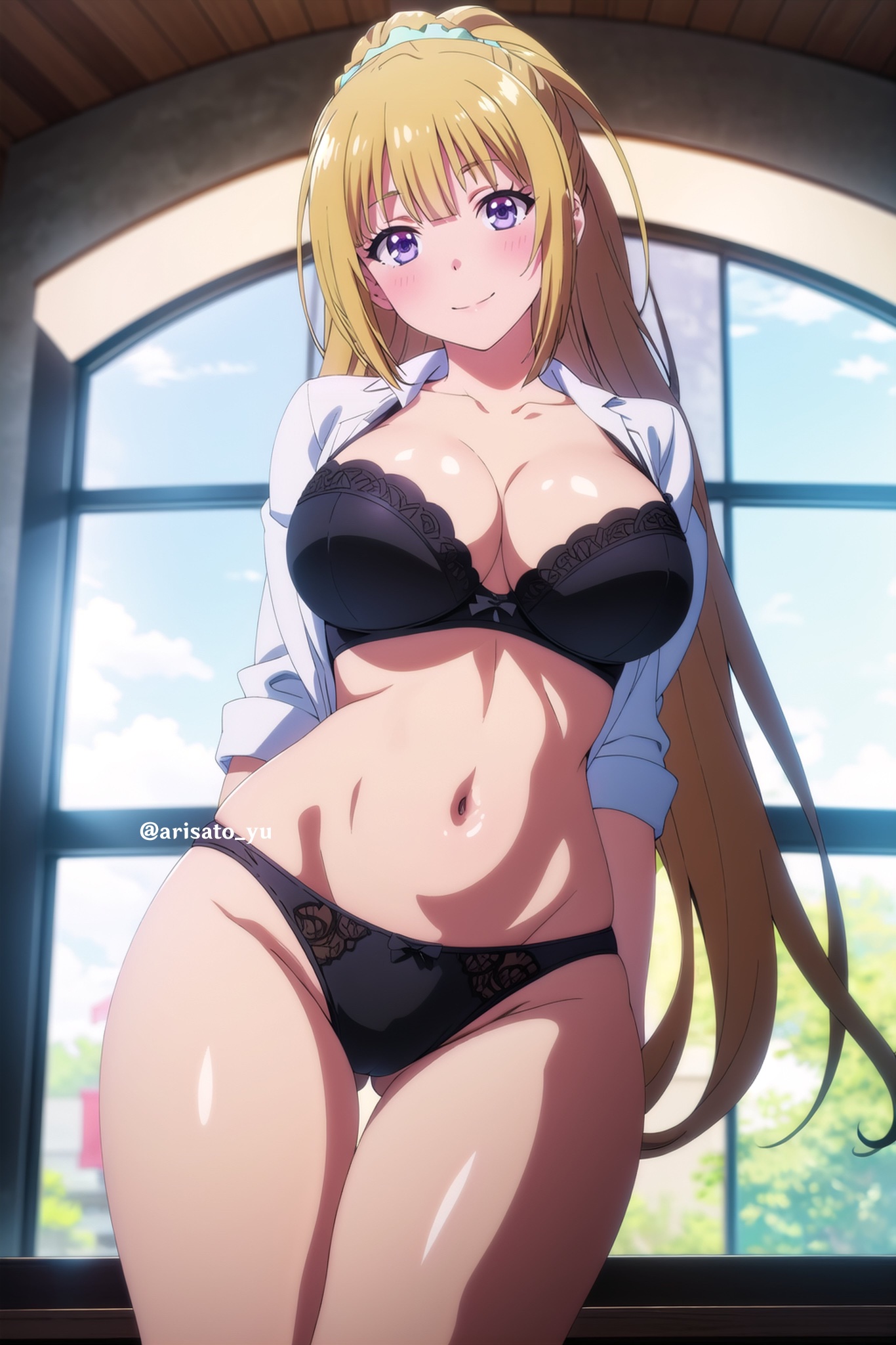 ai generated, arisato yu, big breasts, black lingerie, breasts, classroom of the elite, female, karuizawa kei, lingerie