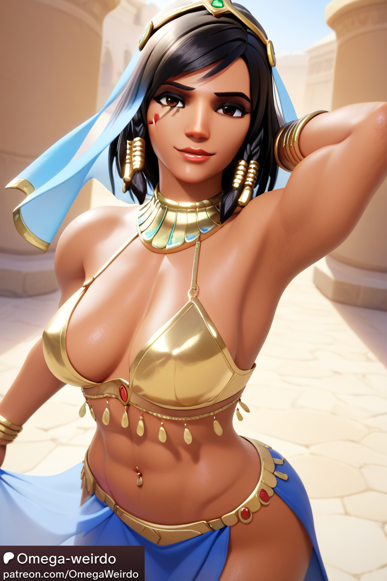 ai_generated belly_dancer belly_dancer_outfit bellydancer_outfit bellydancing black_hair dancer_outfit egyptian eye_markings female hair_ornament loincloth omega-weirdo overwatch overwatch_2 patreon pharah pierced_belly_button smile veil