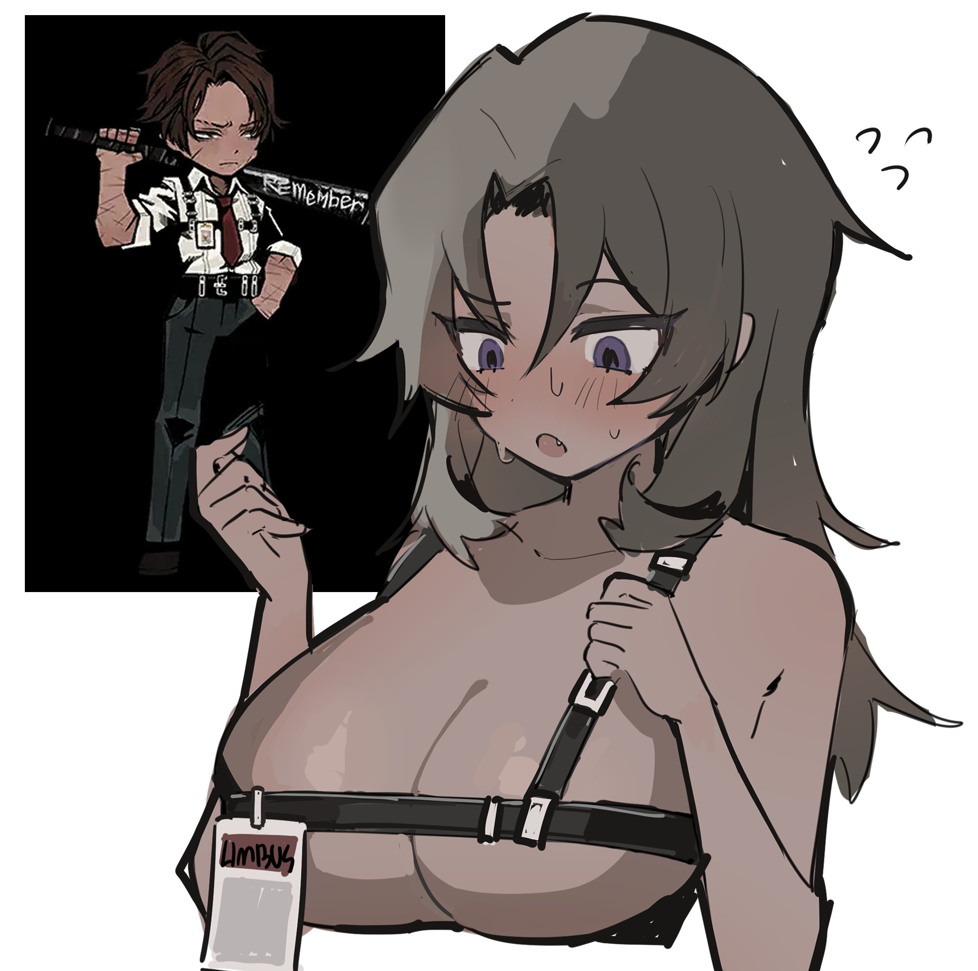 1girls, big breasts, blush, breasts, breasts covered, brown hair, dark skin, dark-skinned female, female, heathcliff (limbus company), limbus company, project moon, purple eyes, rule 63, solo, solo female, solo focus, straps across chest, tagme