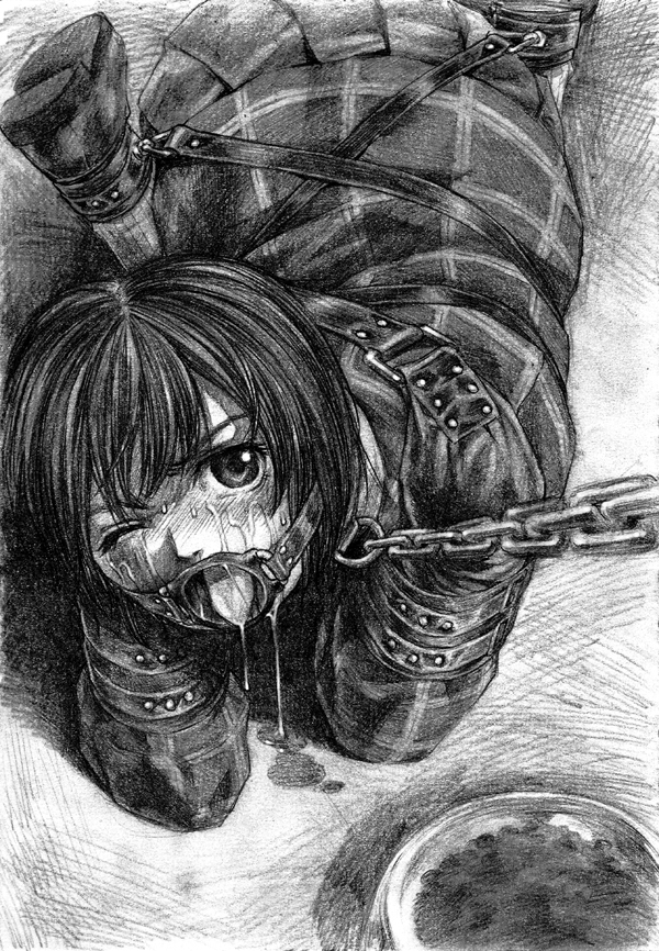 1girls, bitchsuit, bondage, chains, character request, female, gag, gagged, leash, monochrome, one eye closed, open mouth gag, pet play, piddlefours, pizza man, ring gag, saliva, short hair, solo, source request, tears, tongue, wince