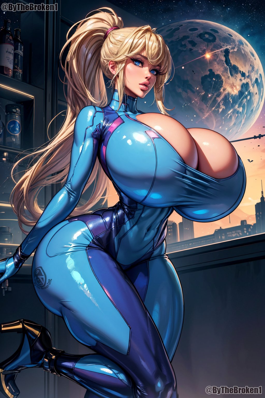 ai generated, big breasts, bimbo, bimbo body, bimbofication, blonde hair, blue eyes, breasts, bythebrokenone, female, gigantic breasts, high heels, latex suit, long hair, metroid, ponytail, samus aran, space, spacesuit, thick thighs, zero suit samus