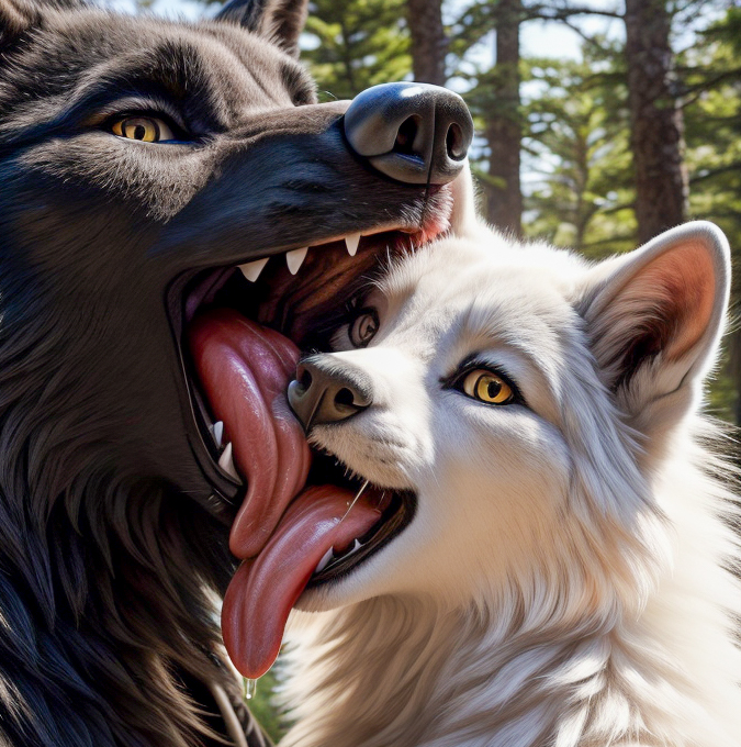 2others ai_generated ambiguous_gender anthro anthro_on_anthro black_fur body_fur canine french_kiss licking no_visible_genitalia tongue tongue_out white_fur yellow_eyes