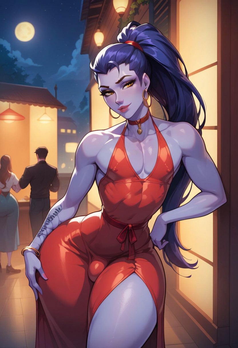 1boy, 1femboy, ai generated, ass, bent over, big ass, bimbo, bimbo femboy, bimbo lips, blizzard entertainment, bottom heavy, bottom heavy femboy, bottom heavy male, bubble ass, bubble butt, bulge, clothed, clothing, crossdressing, dress, dress lift, femboy, femboy focus, femboy only, femboyarashi, genderswap, genderswap (ftm), girly, hourglass figure, huge ass, large ass, light skin, light-skinned femboy, light-skinned male, looking at viewer, male, male focus, male only, male widowmaker, overwatch, overwatch 2, partially clothed, rule 63, small waist, thick hips, thick legs, thick lips, thick thighs, thin waist, trap, voluptuous, voluptuous femboy, voluptuous male, wide hips, widowmaker
