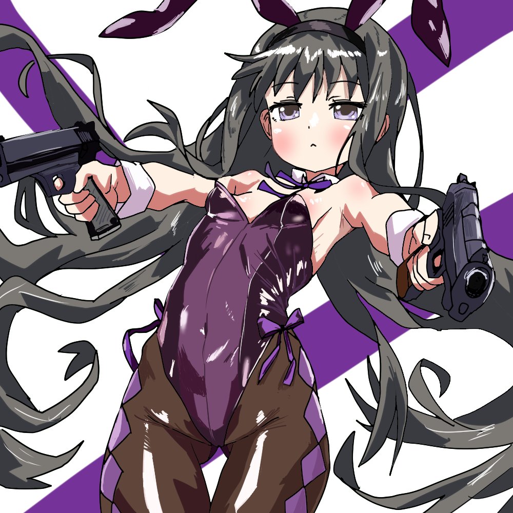 1girls akemi_homura argyle argyle_legwear black_hair blank_eyes blush bunny_ears bunnysuit closed_mouth gun highleg highleg_leotard holding_gun light-skinned_female light_skin long_hair looking_at_viewer mahou_shoujo_madoka_magica pantyhose purple_eyes ribbon ribbons simple_background small_breasts solo