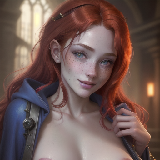 ai_generated book bookshelf breasts_out fantasy female female_focus female_only freckles freckles_on_face ginny_weasley harry_potter looking_at_viewer mage magic magic_user medium_breasts nipples red_hair solo solo_female spellbook studying wand wizard