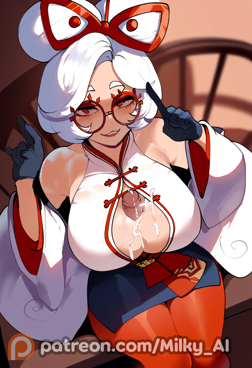 ai_generated big_breasts cum cum_on_breasts from_above glasses hair_bun hair_ornament hi_res looking_at_viewer milky_ai paizuri paizuri_under_clothes pantyhose portrait purah purah_(tears_of_the_kingdom) red_eyes the_legend_of_zelda the_legend_of_zelda:_tears_of_the_kingdom thiccwithaq_(ai_style) thick_thighs wet white_hair