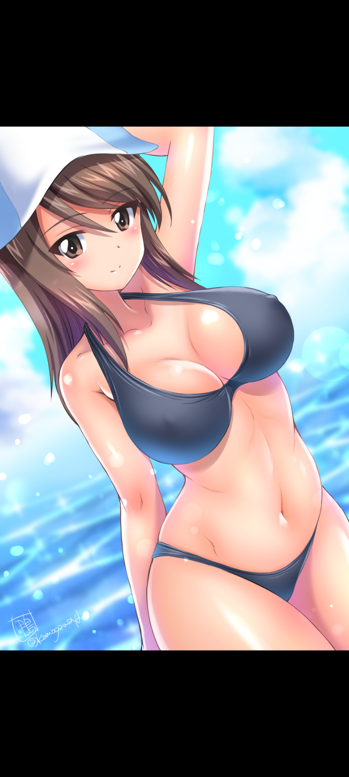 anime_girl army_uniform beach black_bikini brown_hair mika_(girls_und_panzer)