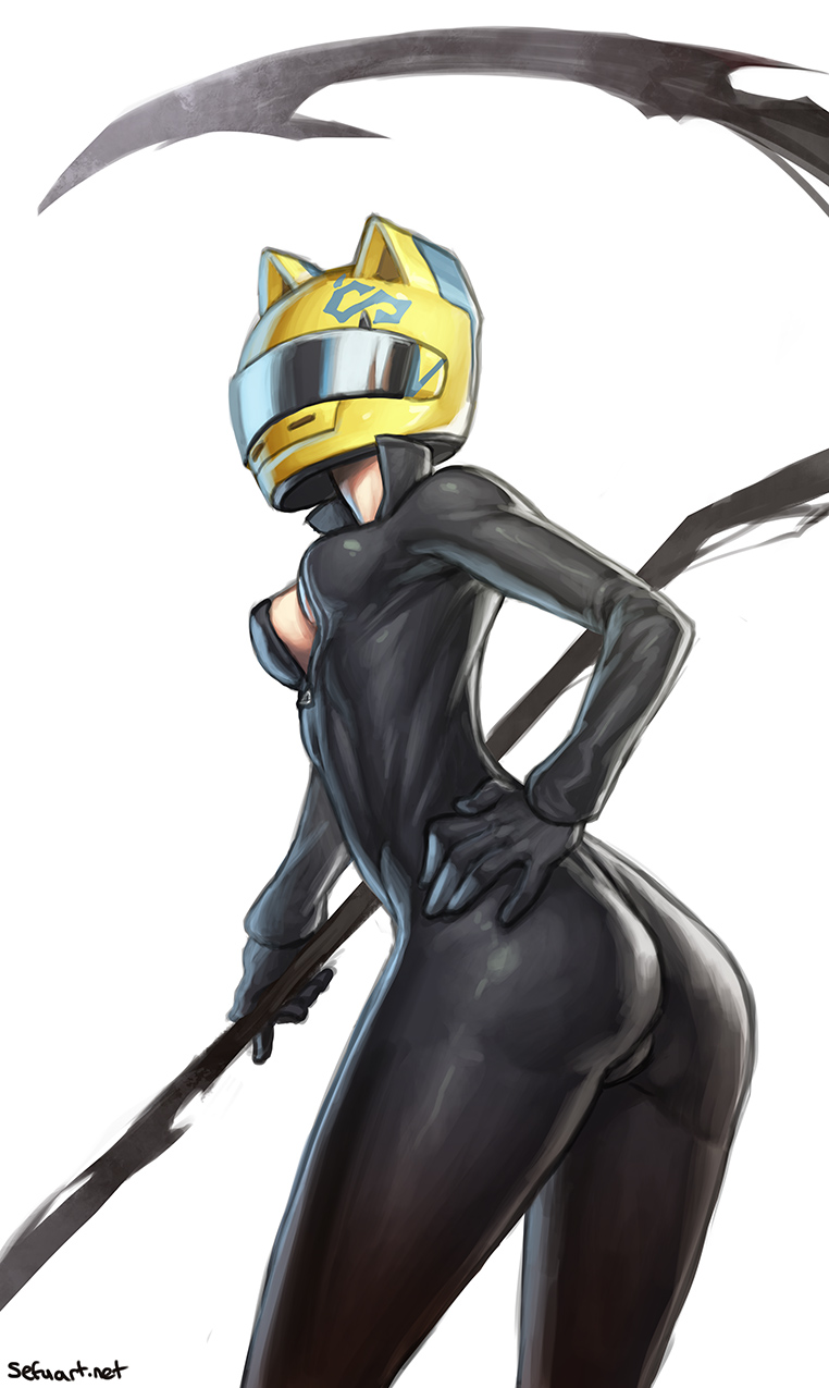 ass bodysuit celty_sturluson cleavage durarara!! gloves hand_on_hip helmet scythe sefuart simple_background skin_tight solo unzipped weapon zipper_pull_tab