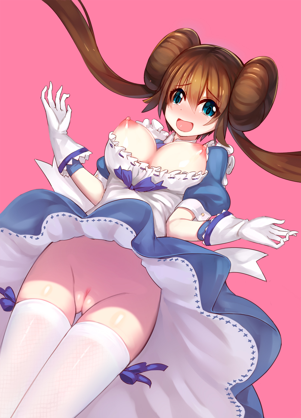 1girls, bad id, blue eyes, blush, breasts, brown hair, double bun, female, gloves, long hair, looking at viewer, nintendo, nipples, pokemon, pokemon bw2, pussy, ririko (zhuoyandesailaer), rosa (pokemon), solo, thighhighs, tied hair, twintails, white legwear