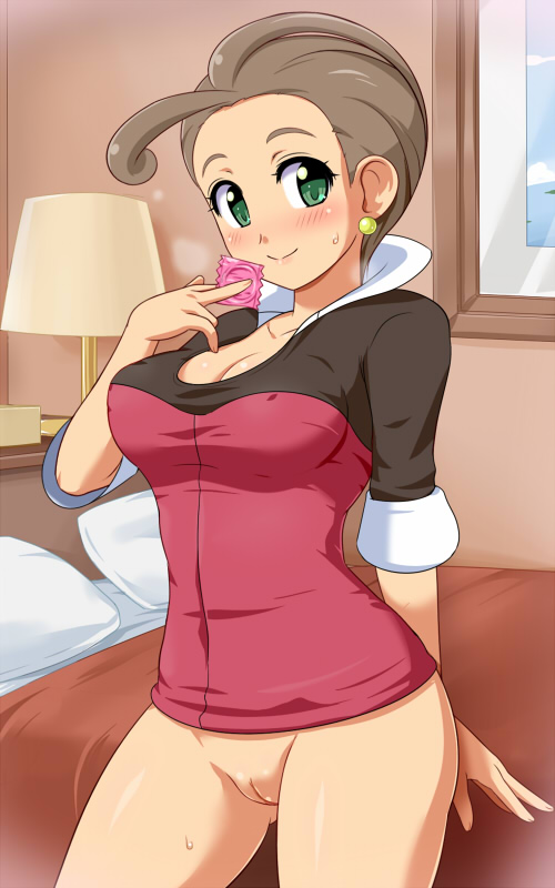 alexa_(pokemon) bed blush bottomless breasts brown_hair cleavage condom_wrapper covered_nipples female green_eyes human human_only innie_pussy konpeto lamp large_breasts nintendo pansy_(pokemon) pillow pokemon pokemon_xy pussy smile solo sweat