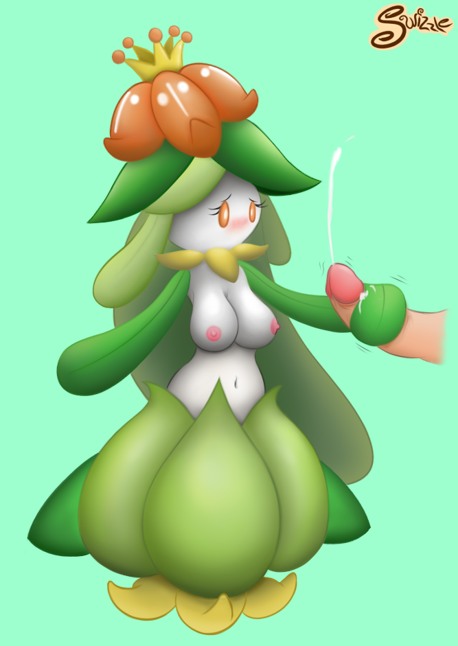 blue_background blush breasts cum faceless_male female handjob human interspecies lilligant male nintendo no_mouth pink_nipples plain_background pokemon pokephilia red_eyes swizzle video_games