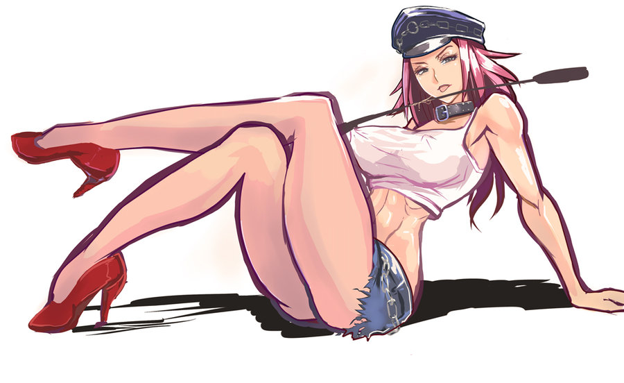 capcom collar crossed_legs denim_shorts erect_nipples female female_only final_fight hat high_heels human legs_crossed long_hair mikazuki_shigure pink_hair poison_(final_fight) pose saliva short_shorts simple_background sitting solo tank_top tongue trap whip