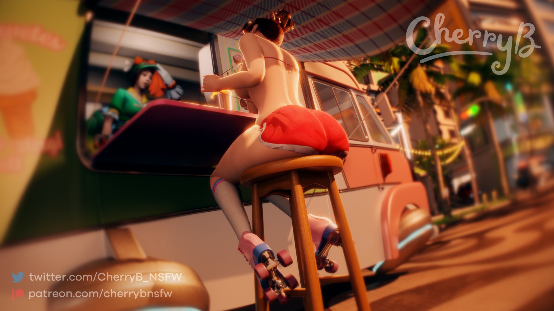 2023, 2girls, 3d, bikini top, booty shorts, breasts, brown hair, cherryb, clothed female, d.va, duo, female, female only, flashing, flashing breasts, hana song, in-game background, in-universe location, knee high socks, kneehigh socks, long hair, mei (overwatch), mei ling zhou, no visible nipples, outdoors, overwatch, ponytail, radial blur, rear view, roller skates, shorts, sitting, sitting on stool, skimpy, skimpy clothes, sports shorts, surprised, surprised look, tied hair, waitress uniform