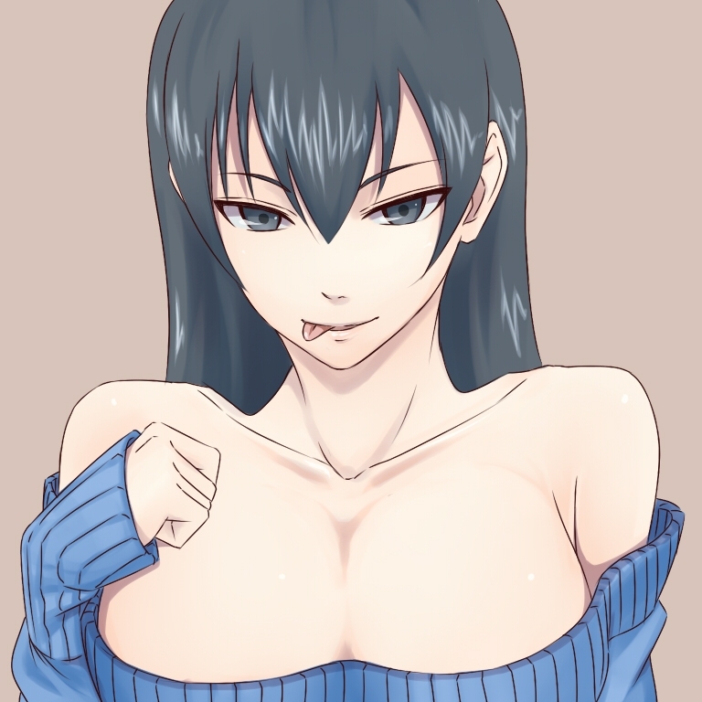ameji (yuji-nba), bare shoulders, black hair, breasts, collarbone, female, grey eyes, highschool of the dead, large breasts, licking lips, long hair, naked sweater, naughty face, off shoulder, off-shoulder sweater, pointy chin, ribbed sweater, saeko busujima, simple background, smile, solo, sweater, tongue, tongue out