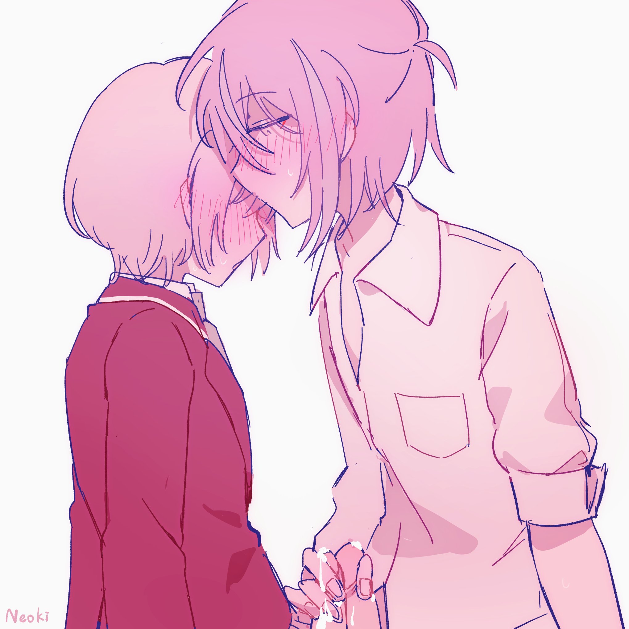 akiyama mizuki, cum, frotting, mizurui, neoki n0sleep, pink hair, project sekai, purple hair, rui kamishiro, school uniform, stroking, uniform