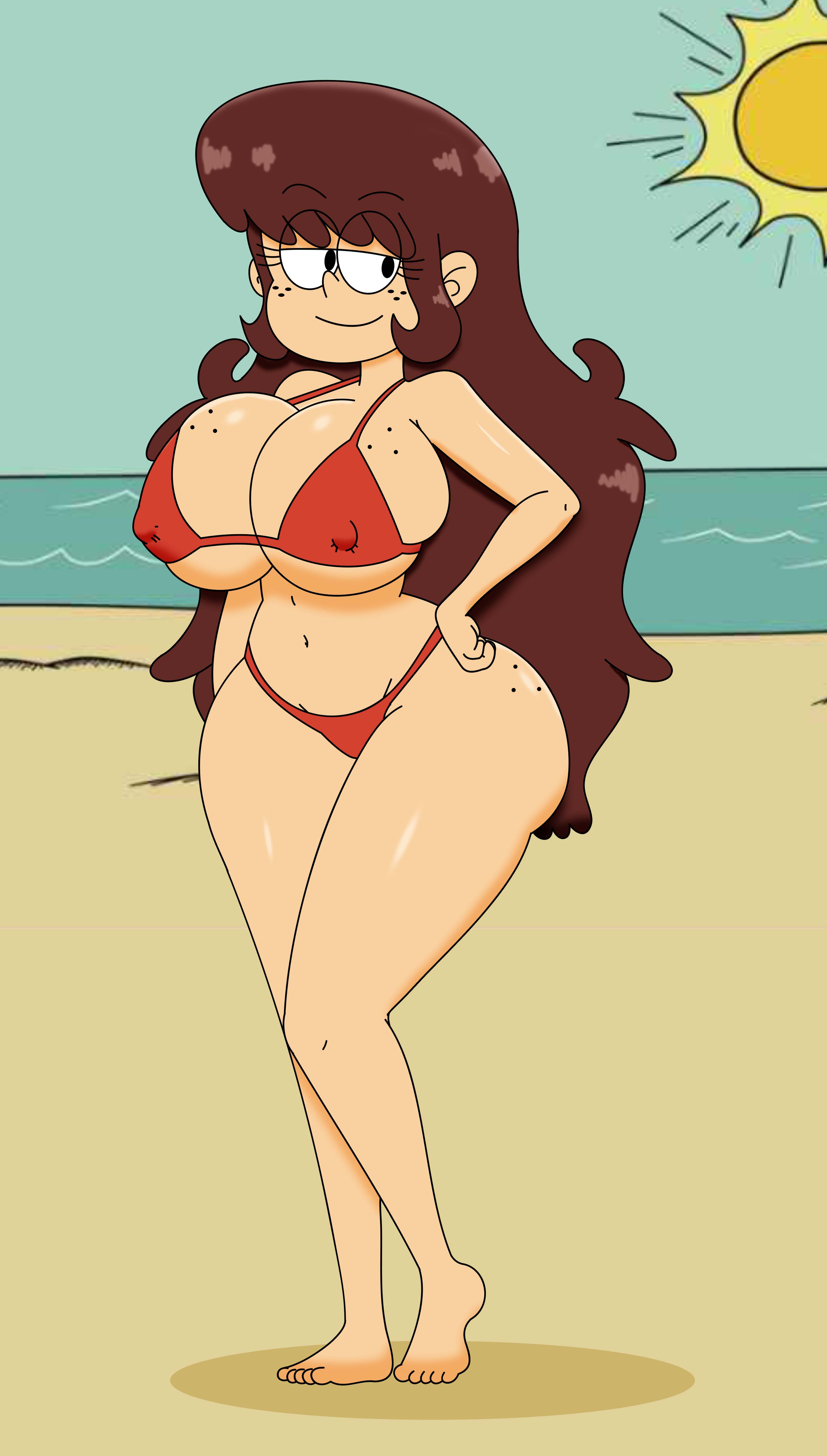 1girls, aged up, barefoot, beach, big breasts, bikini, black eyes, breasts, brown hair, cleavage, eyebrows visible through hair, feet, female, female only, ferozyraptor, freckles, freckles on ass, freckles on breasts, freckles on face, half-closed eyes, human, light skin, light-skinned female, long hair, lynn loud, navel, nickelodeon, nipple bulge, outdoors, outside, red bikini, red swimsuit, shiny skin, smile, solo, sun, swimsuit, the loud house, thick thighs, thighs, toes, very long hair, wide hips