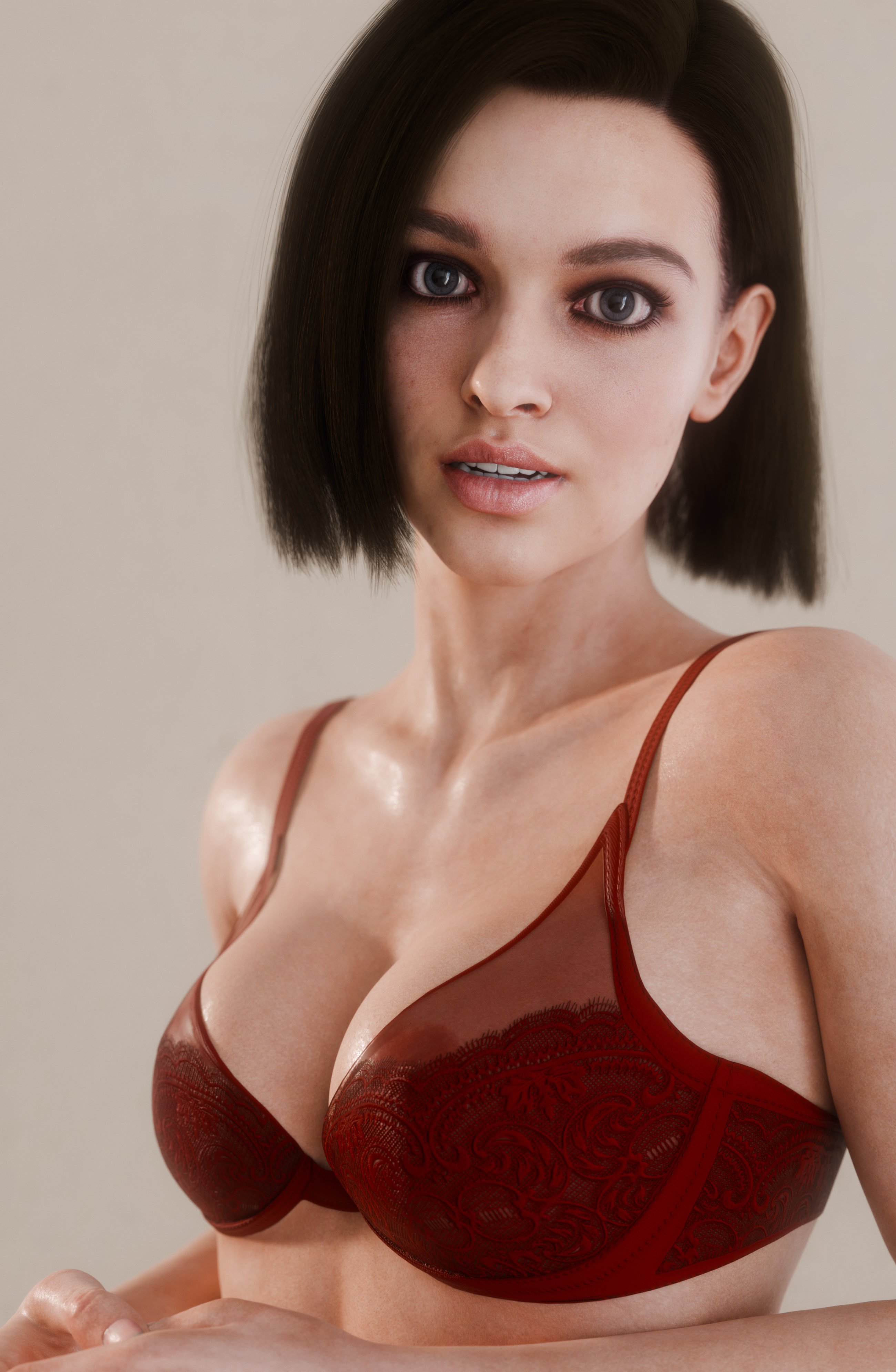 1girls, 2025, 3d, arcasad, areolae, areolae slip, biohazard, blue eyes, bra, breasts, brown hair, bust, covered breasts, eyeliner, female, female only, female torso, front view, hair behind ear, hands together, highly detailed, indoors, jill valentine, jill valentine (sasha zotova), lipstick, looking at viewer, medium breasts, medium hair, no nude, no nudity, non nude, non-nude, pink lipstick, resident evil, resident evil 3, resident evil 3 remake, simple background, smile, solo