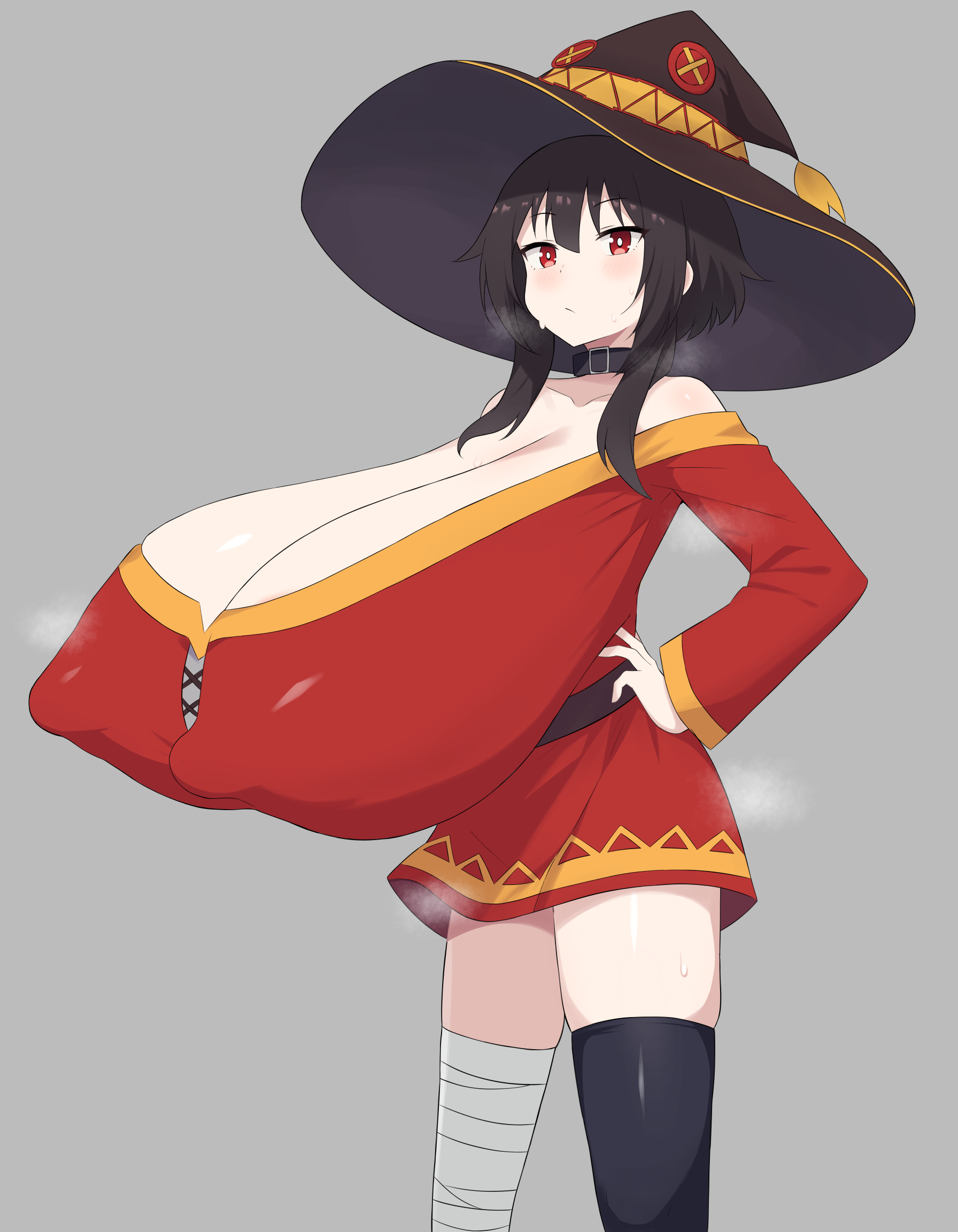 1girls, alternate breast size, asymmetrical legwear, blush, book001art, breasts, breasts bigger than head, brown hair, choker, cleavage, dress, erect nipples under clothes, female, female only, hand on hip, hat, huge breasts, kono subarashii sekai ni shukufuku wo!, light skin, light-skinned female, long breasts, looking at viewer, massive breasts, megumin, musk, nipple bulge, off shoulder, red eyes, short hair, short hair with long locks, shortstack, simple background, solo, steam, top heavy, torpedo breasts, visible breath, witch hat