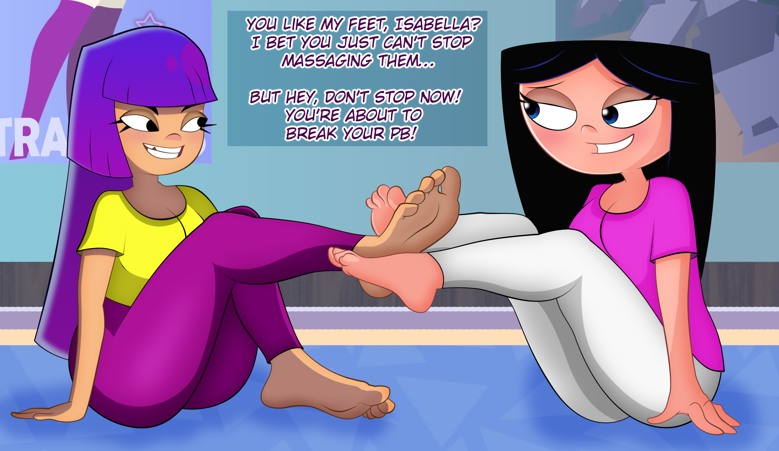 4427strudel, asian, asian female, barefoot, bedroom, bedroom eyes, big feet, black eyes, black hair, blue, blue eyes, dialogue, feet, feet massage, female, foot fetish, foot massage, footsie, glitch techs, hair, isabella garcia-shapiro, latina, latina female, long hair, massage, miko kubota, on the floor, phineas and ferb, pink t-shirt, purple, purple and blue hair, purple leggings, sitting on floor, smile, sole, soles, soles female, toes, white leggings, yuri