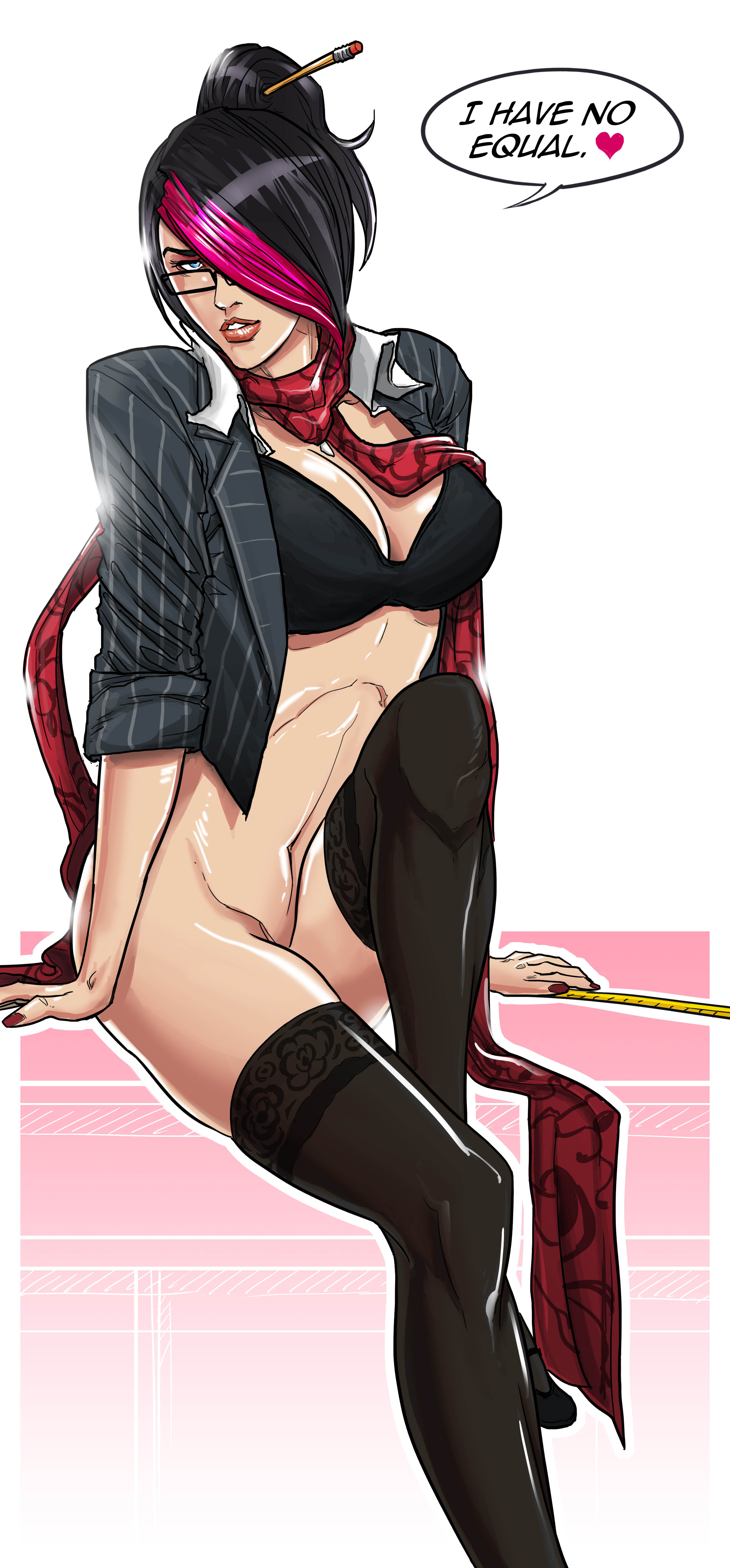 academy series, black bra, black hair, black legwear, blue eyes, bottomless, bra, breasts, cleavage, english, female, fiora laurent, glasses, hair bun, hair over one eye, headmistress fiora, league of legends, looking at viewer, nail polish, navel, open clothes, open shirt, pencil, pink hair, scarf, solo, teacher, thighhighs, two-tone hair, uger