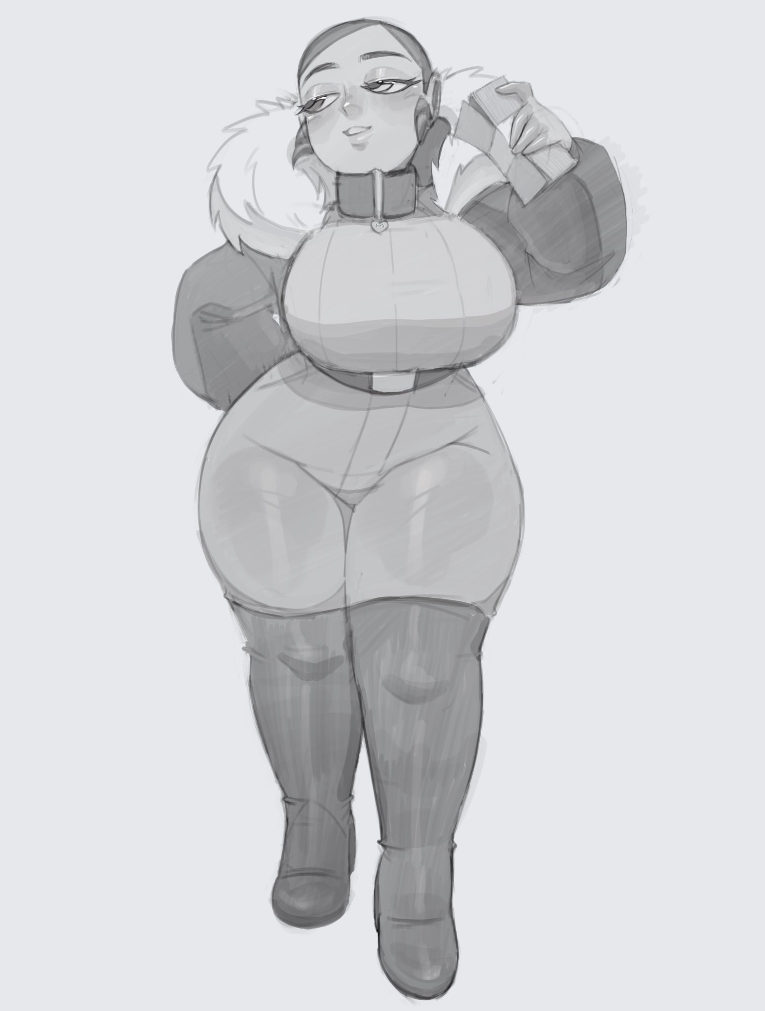 1girls, 2d, belt, big breasts, big thighs, boots, breasts, clothed, clothed female, clothing, collar, curvy, curvy female, curvy figure, female, female only, fully clothed, jacket, jeans, mommy niko, money, monochrome, non-nude, original, original character, pants, pinkbobatoo, skiddioop, solo, stereodaddy, sweater, thick thighs, tied hair, tight clothes, tight pants, wide hips