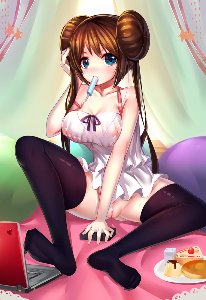bad id, black legwear, blue eyes, blush, breasts, brown hair, cake, computer, double bun, female, food, laptop, long hair, looking at viewer, mouth hold, nintendo, nipples, plate, pokemon, pokemon bw2, popsicle, pussy, ririko (zhuoyandesailaer), rosa (pokemon), see-through, sitting, solo, strap slip, thighhighs, tied hair, twintails