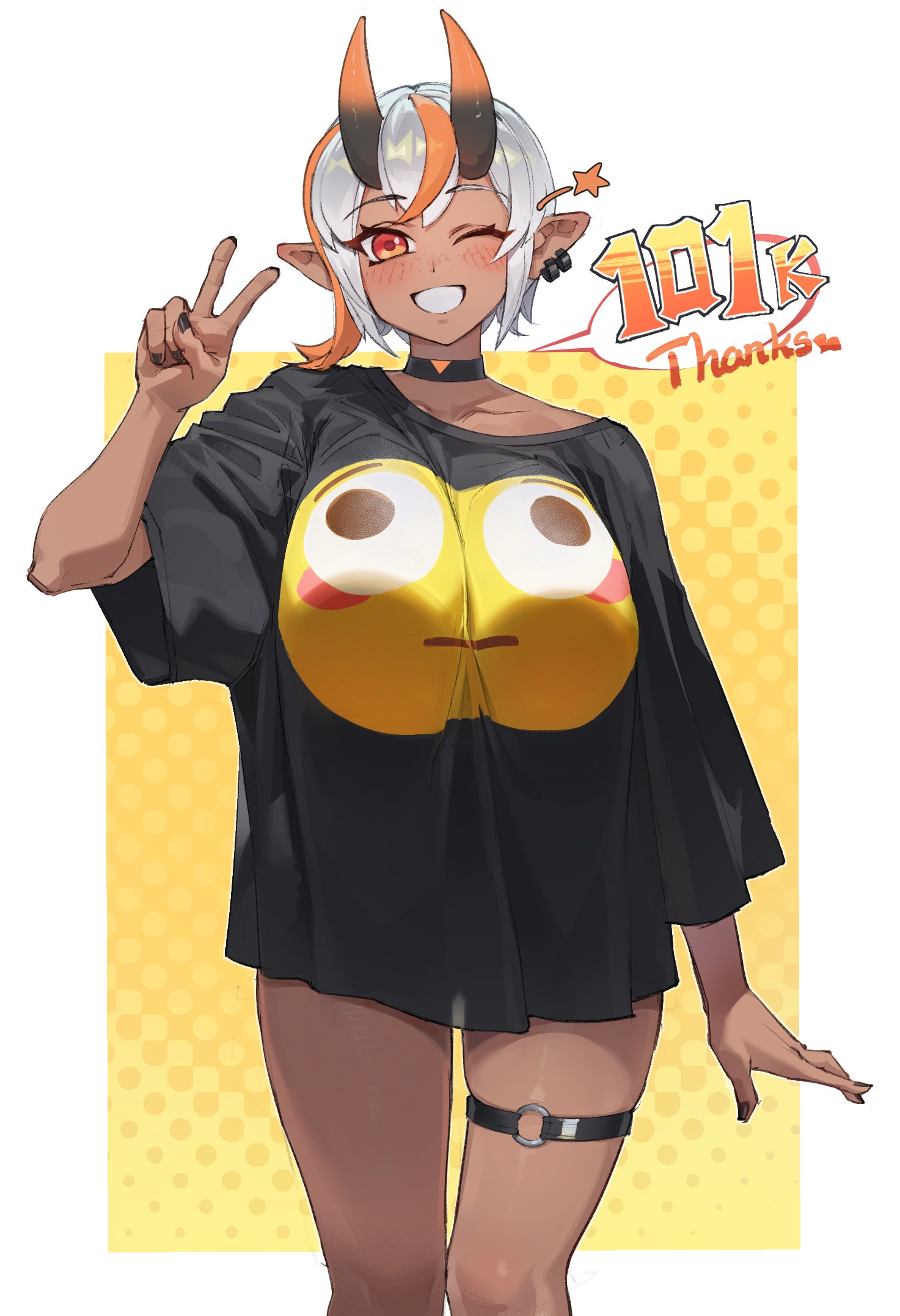 1girls, black nails, breasts, choker, dark skin, dark-skinned female, earrings, female, flushed emoji shirt, horns, huge breasts, jewelry, looking at viewer, meme attire, milestone celebration, one eye closed, orange eyes, orange hair, original, original character, pointy ears, short hair, sintrybest, solo, streaked hair, thigh strap, v, white hair, wink