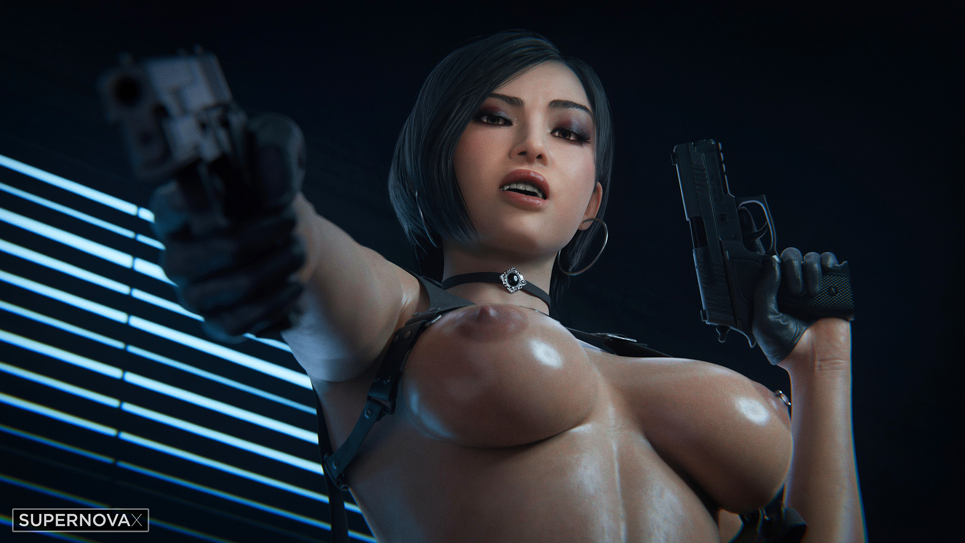 1girls, 3d, ada wong, areolae, armpits, asian, asian female, black gloves, black hair, breasts, casual, choker, eye contact, eyeshadow, female, firearm, gloves, gun, guns, handgun, handwear, hoop earrings, human, leather gloves, natural breasts, nipple piercing, nipples, pale skin, parted lips, perky nipples, piercing, resident evil, supernovax, tactical nudity, tagme, topless, weapon